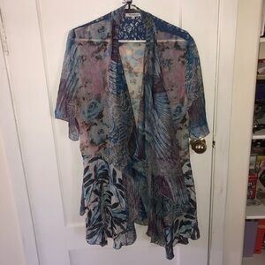 VioletRuby sheer Floral  over-blouse with blue lace-size medium- new or like new